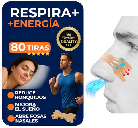80 Tiras Nasales + Guía Duerme Mejor [Cómodo y Talla Universal] Tira Nasal Anti ronquidos Mejora Sueño, Rendimiento Deportivo y Respiración Natural - Nasal Strips Sin Olor, Adhesión Fuerte