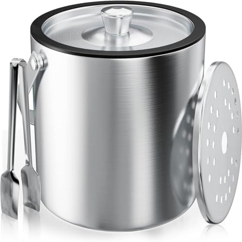 Eiswürfelbehälter, mit Sieb und Eiszange,Edelstahl Eisbehälter, zur Aufbewahrung von Eis und zum Kühlen von Getränken,2L