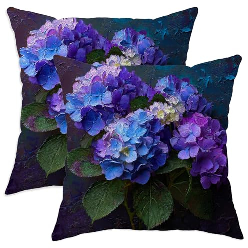 Set di 2 federe per cuscini con motivo floreale di ortensia, motivo floreale blu viola, decorazione per la casa, divano, letto, 55 x 55 cm