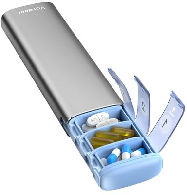 VAYDEER Pilulier 7 jours [certifié LFGB] [Résistant au sec] [Protégé contre la lumière] [Aluminium] Boîte à pilules de voyage Organisateur de médicaments, matin et soir Non - Gris