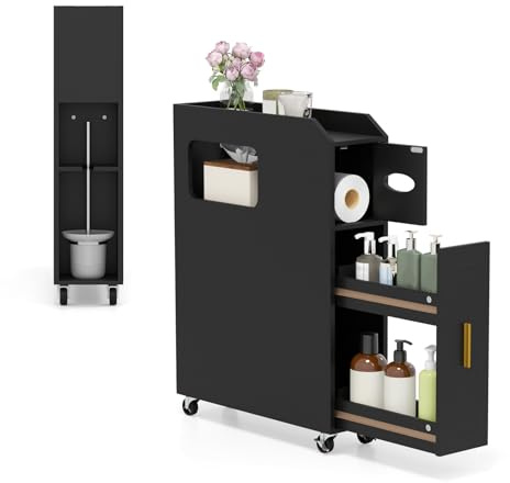 GIANTEX Nischenregal 16 cm breit, schmaler Badezimmerschrank auf Rollen, Beistellschrank mit Schublade, Nischenschrank für Badezimmer & Wäscheraum, platzsparender Rollwagen 50 x 16 x 69 cm (Schwarz)