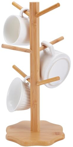 UNICRAFTALE Estante de cocina de bambú para 6 tazas ganchos debajo del armario barra de café soporte de almacenamiento de madera 40 x 17.5 x 18.7 cm