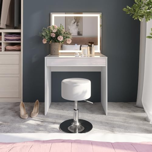 Vicco Schminktisch Sherry, Weiß/Weiß Hochglanz, 81.4 cm | mit LED-Spiegel und Hocker, zur Organisation von Kosmetik und Pflegeprodukten