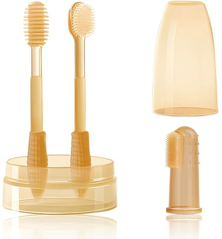 KIRZAX Kit de Brosse à Dents Bébé - Soin Oral pour Bébés 0-18 Mois, comprend Brosse à Dents de Lait, Brosse à Langue, Doigtier & Bécher 2-en-1, Set de Formation Dentaire