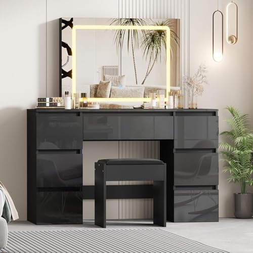 LSLIFE Schminktisch mit Spiegel und Hocker Weißer Schminktisch mit LED-Beleuchtung 7 Schubladen Hochglanz Make-up Schreibtisch Schlafzimmer Ideal für Mädchen und Frauen Schlafzimmer Möbel (Schwarz)