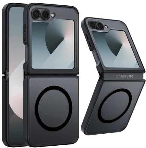 Funda Magnética para Samsung Galaxy Z Flip 6, Compatible con MagSafe, Carcasa Antihuellas Mate Translúcida Slim Antigolpes Acrílico Respaldo Protección Militar Case, Negro