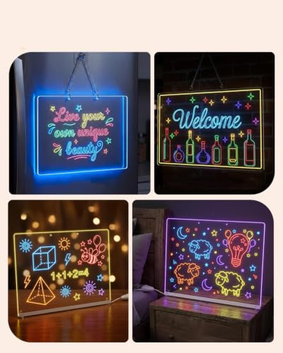 MQFORU LED-Zeichenbrett 35 x 25 cm, abwischbare Leuchttafel mit 8 Farben und 6 Lichtmodi, inkl. 14 Neon-Stiften, wiederverwendbares Schreibbrett für Heim, Büro, Bars und Gewerbe