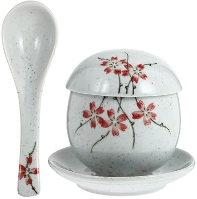 iplusmile Japanese Ceramic Steaming Bowls with Lid & Spoon, Set of 2, 280 ml Heat-Resistant Porcelain for Steamed Eggs, Soup & Rice – Microwave & Oven Safe for Home Dining