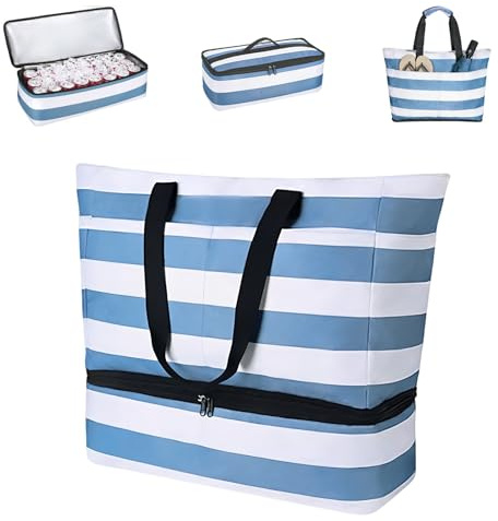 LCSHENGMIN Stor badväska strandväska, 50 x 29 x 49 cm, strandväska XXL, familj med kylfack, vikbar strandväska, för resor, fitness