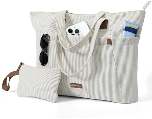 Sylvanthos Tasche Handtasche Damen, Cord Tote Bag Strandtasche mit Reißverschluss, 17 Zoll Laptoptasche Arbeitstasche, Große Shopper Tasche für Arbeit Reise Schule - Beige