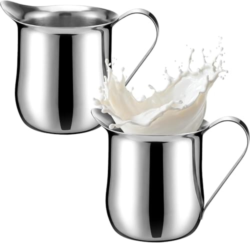 2 PCS Small Milk Jug Stainless Steel 150ml / 5 oz Milk Creamer Pitcher with Handle Latte Art Milk Frother Jug for Barista Frother Cup, Espresso Machine, Sauce, Salad Dressing