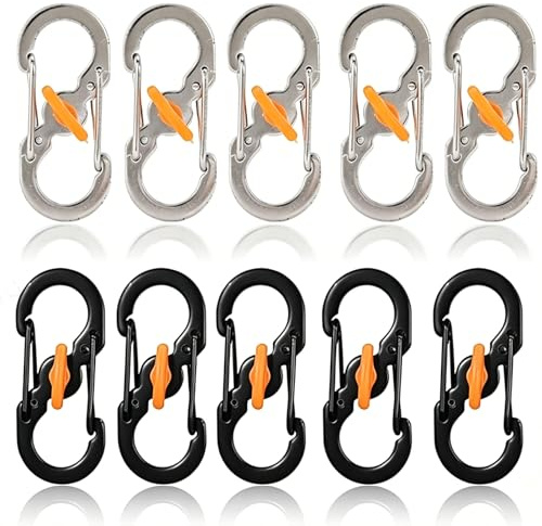 10 Pcs Small Carabiner Clips, Stainless Steel Locking Carabiner Hooks, Mini S Carabiner Clips, for Keys, Bags, Travel, Hiking & Camping(5 Black + 5 Silver)