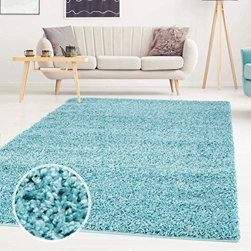 Hochflor Teppich Shaggy Einfarbig Türkis - 150x150 cm Quadratisch - Flauschig & Weich - Wohnzimmerteppiche - Langflorteppich Schlafzimmer Uni Modern
