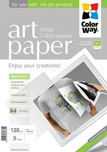 ColorWay Transferpapier A4 für helle Stoffe, 5 Blatt – T-Shirt Transferfolie für Inkjetdrucker, 120g/m², Weiß, Für Baumwolle, Kreatives Basteln, Personalisierung