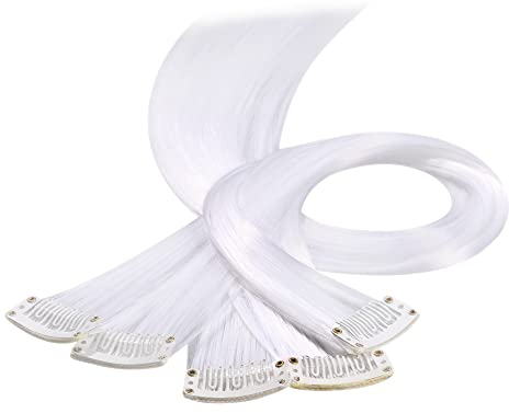 Beauty7 DIY Farbige Haarverlängerungen haarsträhnen zum einklipsen Bunte zum einflechten mit Haarclips strähnchen clip in extensions Haarteil Perücken Highlights Hair für Mädchen 50cm 5stk Weiß