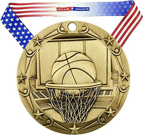 Decade Awards Basketball Medal, World Class - Gold - 3 Inch Wide | Hoops First Place Medal with Stars and Stripes Neck Ribbon