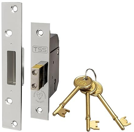 TSS High Security 5 Lever British Standard Mortice Sashlock with 3 Keys and Fixings, 3 (81mm) Polished Chrome, Insurance Approved for External Doors, British Standard BS3621:2007