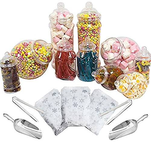Purple Square 10 Mixed Jar Retro Pick & Mix Victorian Sweet Shop Candy Buffet Kit Party Pack with Scoops, Tongs & Bags - Silver Snowflake Bags