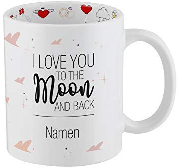 Herz & Heim® Kaffeetasse I love you to the moon and back mit Namen der Liebenden