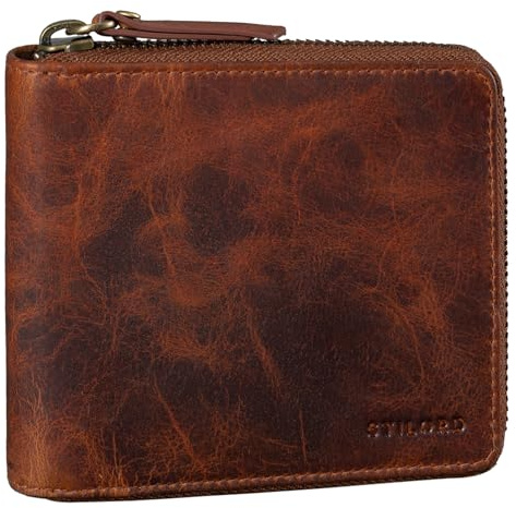 STILORD Amy RFID Geldbörse Leder Geldbeutel Geldtasche Portemonnaie NFC Schutz Ledergeldbörse mit Reißverschluss in Geschenkbox Vintage Echtleder Farbe:Prestige - braun