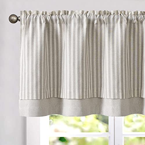 jinchan Linen Valance Curtain Striped Valance for Windows 18 Inch Light Filtering Kitchen Curtain Farmhouse Double Layer for Living Room Ticking Rod Pocket 1 Panel Taupe Grey on Linen