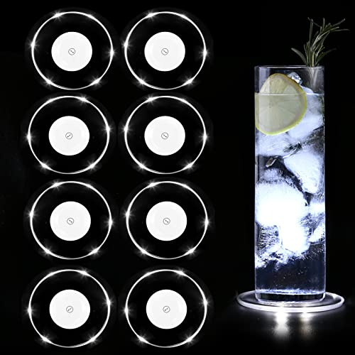 MEDOYOH 8er-Set Kühle Weiß LED Untersetzer für Getränke, ON/Off Wasserdicht Rund Untersetzer Acryl für Gläser Flaschen Partys Hochzeiten Bar Weihnachten Pub