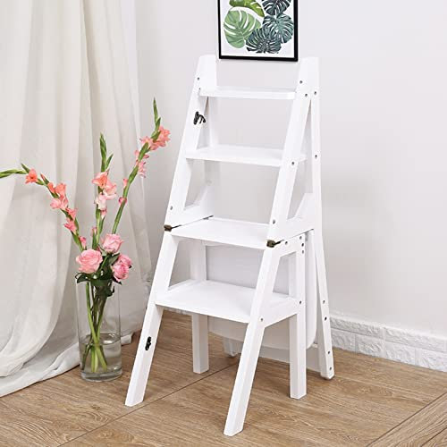 Hamankim Folding Stepladder Stairway Chair, Wooden Foldable Ladder Chairs Shelf Multifunction Library Steps Stool Bookshelf Display Shelves for Kitchen Library or Garden, White
