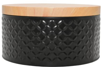 Dekohelden24 Vorratsdose/Keksdose aus Metall in schwarz, flach, Deckel in Holzoptik und geprägtem Muster, Größe: H/Ø 10 x 19,5 cm