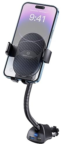 WixGear Cigarette Lighter Phone Holder, 360° Rotating Car Mount Cradle with Dual USB Charging Port, Adjustable Gooseneck, Car Phone Holder Cigarette Lighter Mount, Fits Most Cellphones