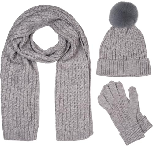 styleBREAKER Damen Set 3-Teilig aus Schal, Bommelmütze und Handschuhe, Zopfmuster Strickschal Warm Winter Einfarbig 01018270, Farbe:Grau
