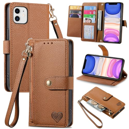 VEEMOS Handyhülle für Apple iPhone 11 Hülle Klappbar Klapphülle Schutzhülle mit Kartenfach RFID Reißverschluss Handy Tasche Leder Flip Case Cover Handytasche Frauen - Braun