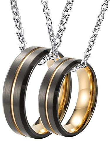 Gualiy Kette Pärchen Anhänger, Halskette Paare Edelstahl Gravur Gold und Schwarz Gebürstet Ring 8mm Anhänger Damen 54 + Herren 54