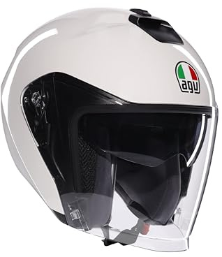 AGV - IRIDES E2206, Casco Moto Jet Unisex, Casco de Moto Cara Abierta con Visera Antiarañazos y Protectora UV, Materia White, L
