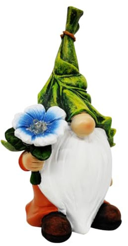 Kexpery Statua di gnomo da giardino con luci a energia solare, grazioso gnomo ornamentale luminoso per cortile, patio, prato ornamentale (fiori blu)