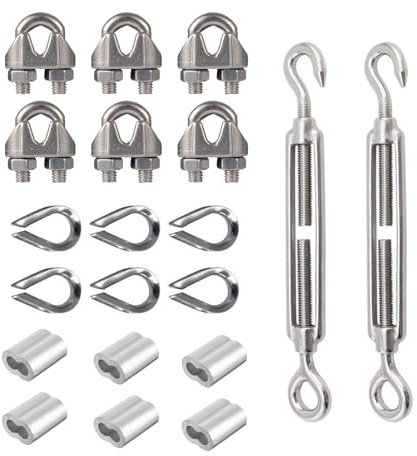 M4 Spannschloss, 20 teillig Seilspanner Edelstahl Set, Drahtspanner, M3 Kabelklemmen, Crimpschlaufen, Seilklemmen, für Gespannte Seil
