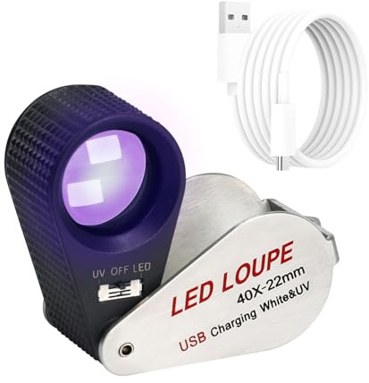 Beleuchtete Juwelierlupe 40x, Wiederaufladbare Juwelierlupe, Faltbare Schmucklupe, LED-Lupe mit 6 LEDs und UV-Licht für Edelsteine, Schmuck, Münzen, Briefmarken, etc
