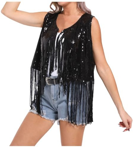 Darringls Damen Pailletten Quasten Jacke Glitter Lametta Fransensaum Disco Thema Party Mantel Cowboy Streetwear Lässige Jacken Outwear Oberteile Metallische Pailletten Tops Shirt Karneval Kostüm