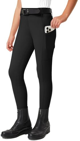 FitsT4 Sports Reithose Kinder Mädchen Reitleggings Reiterhosen Silikon Vollbesatz Reiten Hosen Sommer mit 2 Seitlichen Taschen und Gürtelschlaufen,Schwarz,XS
