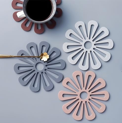 Flycppo 4 Pezzi Sottobicchieri Antiscivolo,Sottopentola Forma di Fiore in Silicone Creativo,Tappetino Resistente al Calore per Piatti,Bevande