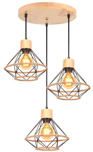 TOKIUS 3 Luces Lámpara Colgante Vintage 22CM Retro Lámparas de Techo en Madera y Hierro Jaula con Cuerda de Cáñamo Negro Luz Colgante E27 Iluminación de Techo para Salón Comedor Cocina (Araña A)