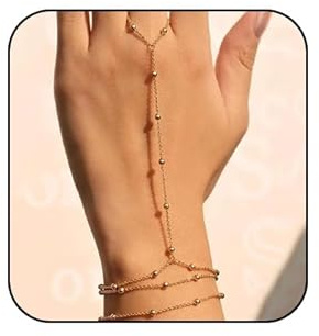 TELAIN Hand Chain Bracelet, Delicate 14k Gold Finger Ring with Zircon, Hand Chain Jewellery for Women, L, Precious Metal