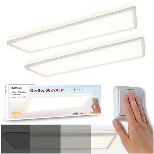 BestLuz LED Deckenleuchte 58x20CM (LxB) Dreistufige Dimmbar Rechteckig Panel 3000LM 24W IP44 Neutralweiß 4000K mit Backlight für Badezimmer Küche Wohnzimmer Schlafzimmer, Ultra Dünn (2 Stück)