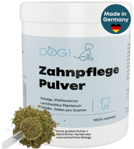 dog1® Zahnpflege Pulver für Hunde – Made IN Germany - Natürliches Mittel gegen Mundgeruch & Zahnstein - Zahnpflege Hund - Zahnputzflocken mit Zahnsteinentferner – Von Tierärzten entwickelt - 200 g
