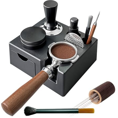 Wotendy Tamperstation für Barista 51-58mm mit Schublade, Espresso-Station, Kaffee-Tamper-Halter-Basis mit 6 Nadeln Espresso-Kaffeerührer und Bürste, Kaffee-Tamper-Station-Basis (Schwarz)
