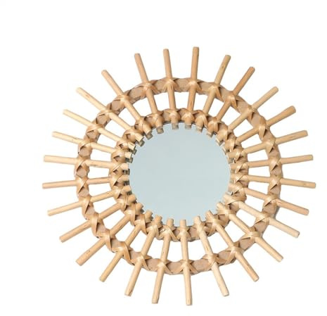 Smileshiney Runder Rattan-Spiegel, klein, 28 cm, Rattan-Make-up-Spiegel, Holzrahmen, Bohemian-Wandspiegel, innovatives Art-Deco für Wohnzimmer, Schlafzimmer