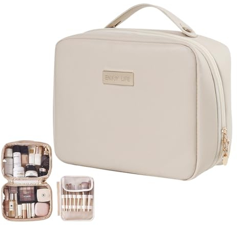 XFSRG Tragbare Wasserfeste Großraum Kulturbeutel Damen mit Ergonomischem Handgriff PU Reise Kosmetiktasche Make up Tasche und Kosmetik Organizer Kulturtasche Damen (Beige)