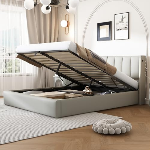 Laxnb Bett 160x200 cm Polsterbett Doppelbett, Jugendbett Betten mit Stauraum, verstellbares Kopfteil mit LED&USB, Hydraulisches Stauraumbett Bettgestell Bett mit Lattenrost, PU Grau, Ohne Matratze