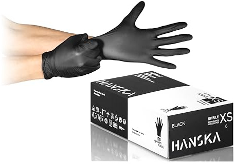 HANSKA Paquete de 100 Guantes desechables de nitrilo negros – Sin polvo – Desechar – No estériles – Base de goma – Apto para ámbitos médicos, manipulación de alimentos (100, XS)