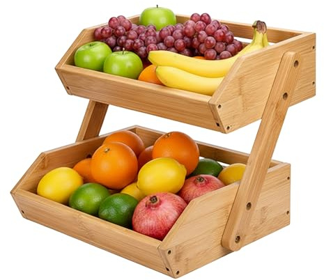 Relaxdays Etagere de bambú para fruta, 2 niveles, 26,5 x 30 x 25 cm, bandeja para frutas, verduras y repostería.