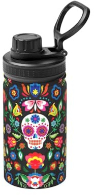 Bouteille d'eau isotherme en acier inoxydable avec imprimé sucre, crânes et fleurs, 355 ml, idéale pour les voyages